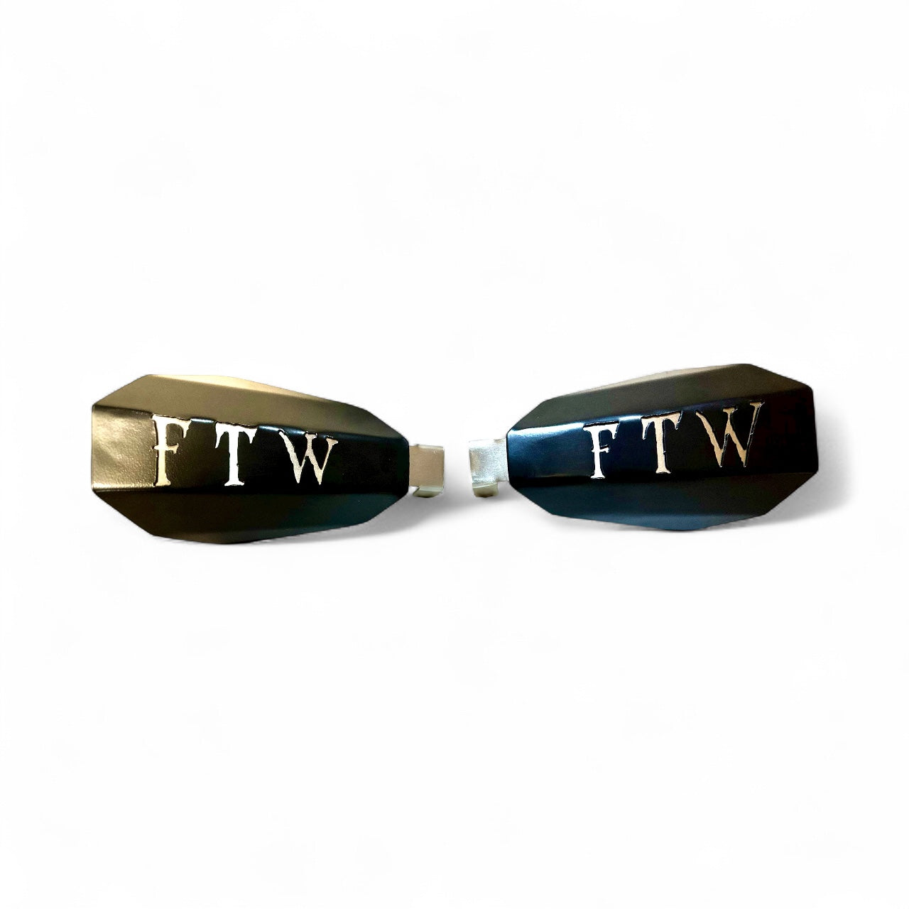 Bad ass mototcycle hand guards with "FTW" cut into the black powder-coated outer shell bolted to a chrome powdercoated mount.