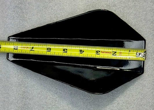 Harley-Davidson flaming skull hand guard shells top view with measuring tape for size comparison.