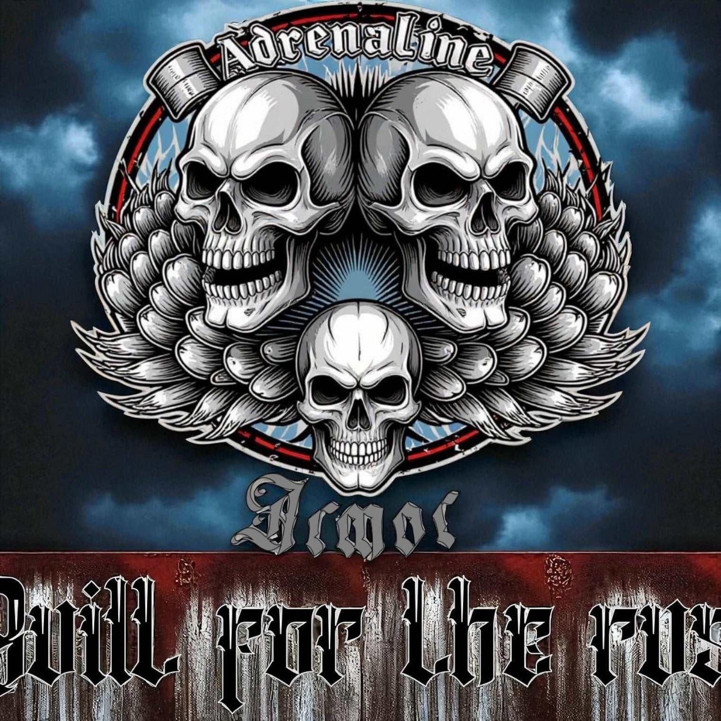 Adrenaline graphic design featuring three skulls with wings and text "Built for the Ride".
