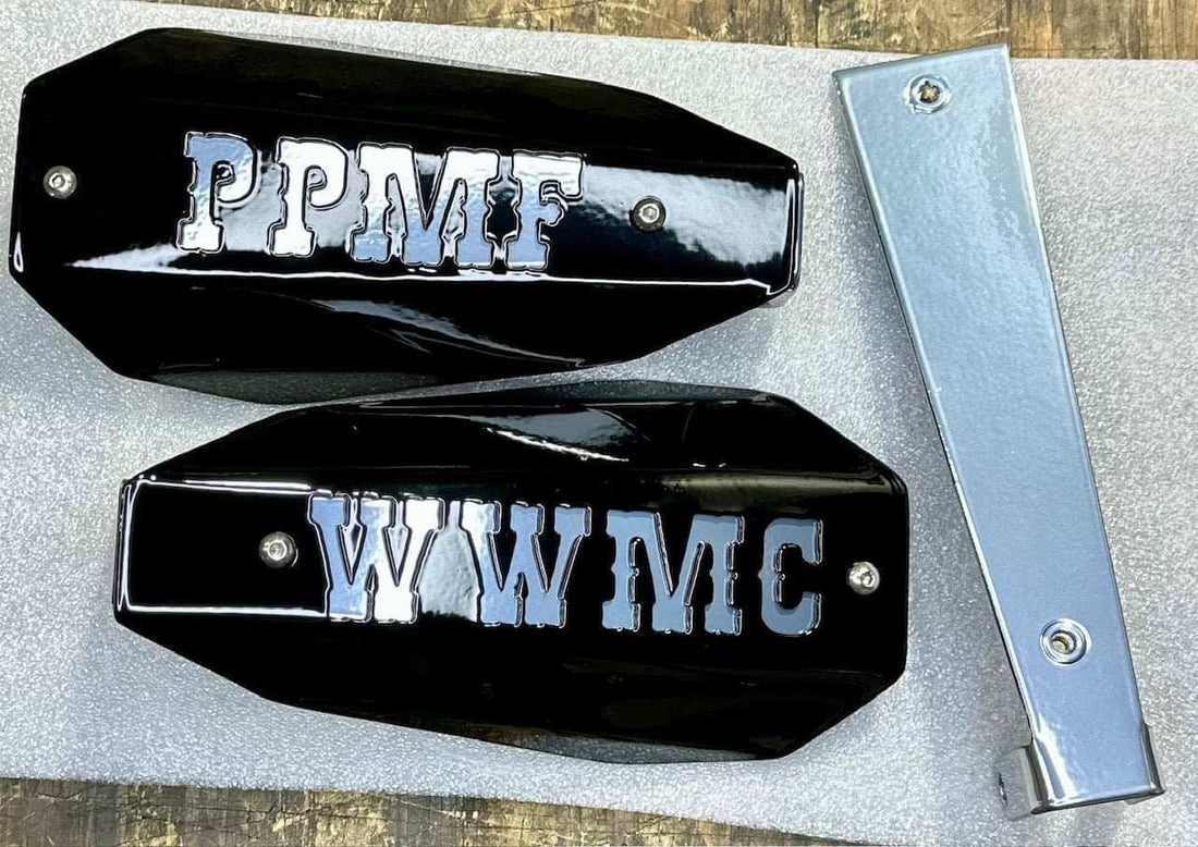 Motorcycle hand guards protection featuring black guards with silver lettering and mounting bracket.