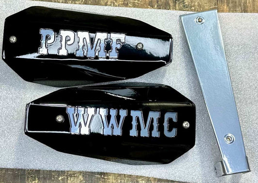 Motorcycle hand guards protection featuring black guards with silver lettering and mounting bracket.