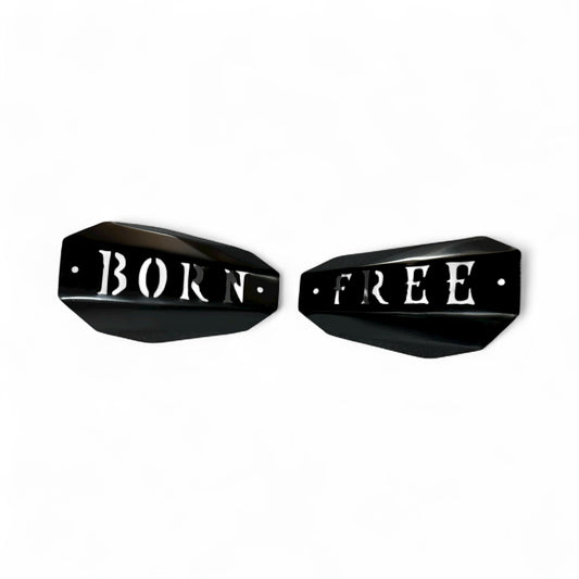 Bad ass mototcycle hand guards with the saying "Born Free" cut into the black powder-coated outer shell bolted to a chrome powdercoated mount.