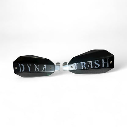 Motorcycle hand guards with the saying "Dyna Trash" cut into the black powder-coated outer shell bolted to a chrome powder coated mount.