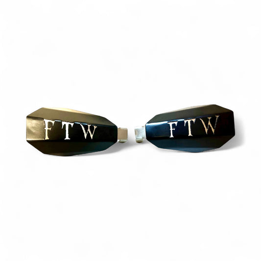 Bad ass mototcycle hand guards with "FTW" cut into the black powder-coated outer shell bolted to a chrome powdercoated mount.