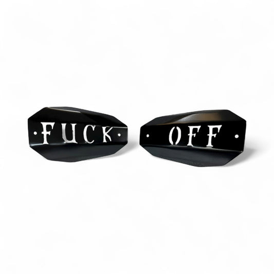 Bad ass mototcycle hand guards with the saying "Fuck Off" cut into the black powder-coated outer shell bolted to a chrome powdercoated mount.