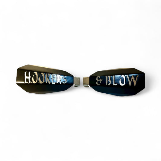 Bad ass mototcycle hand guards with the saying "Hookers & Blow" cut into the black powder-coated outer shell bolted to a chrome powdercoated mount.