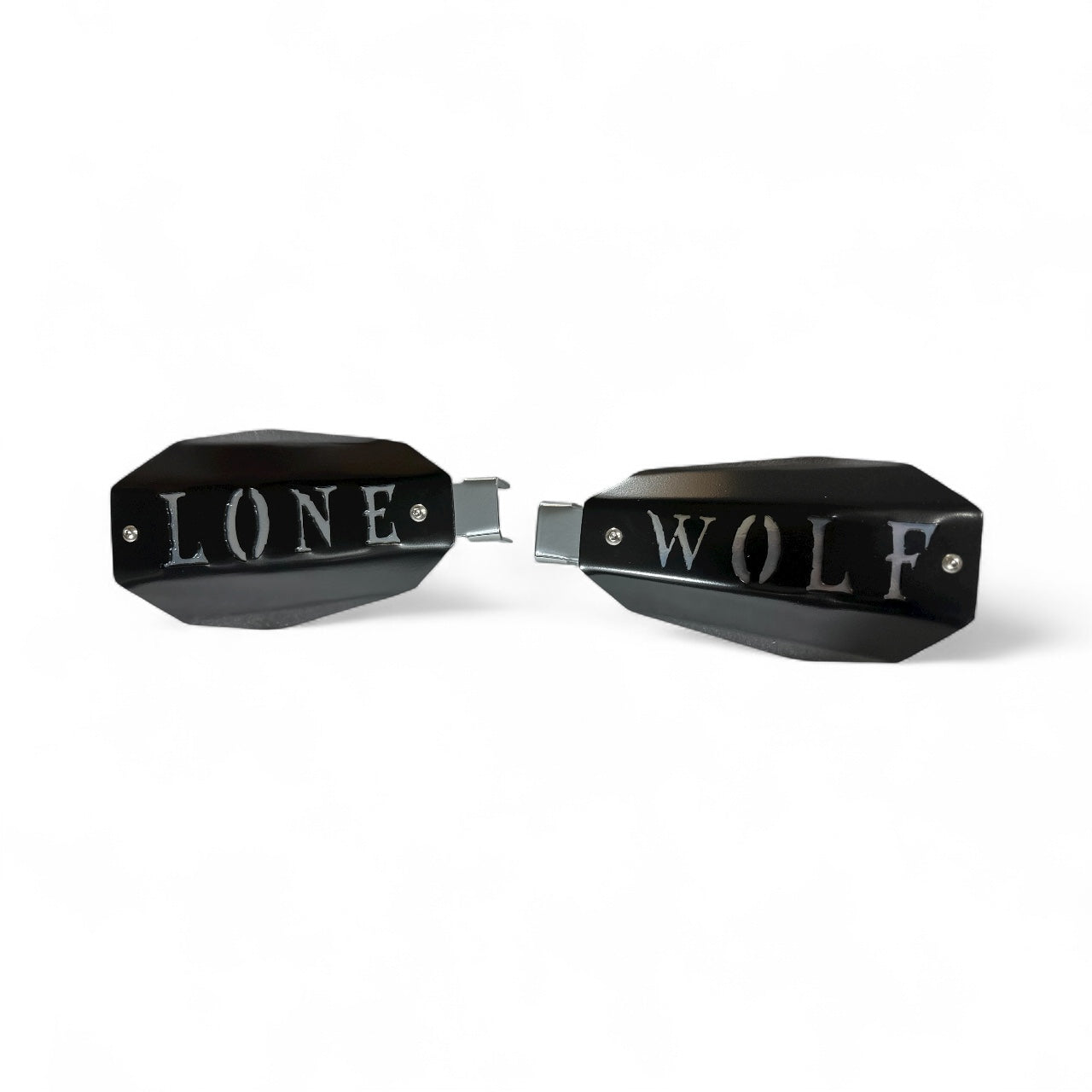 Bad ass mototcycle hand guards with the saying "Lone wolf" cut into the black powder-coated outer shell bolted to a chrome powdercoated mount.
