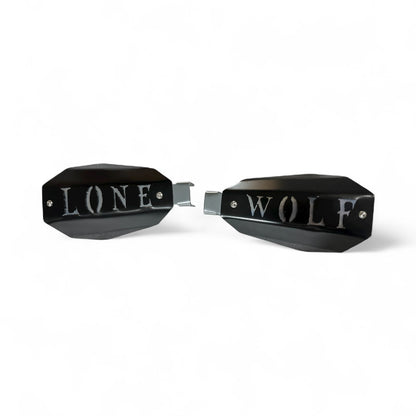 Motorcycle hand guards with the saying "Lone wolf" cut into the black powder-coated outer shell bolted to a chrome powder coated mount.