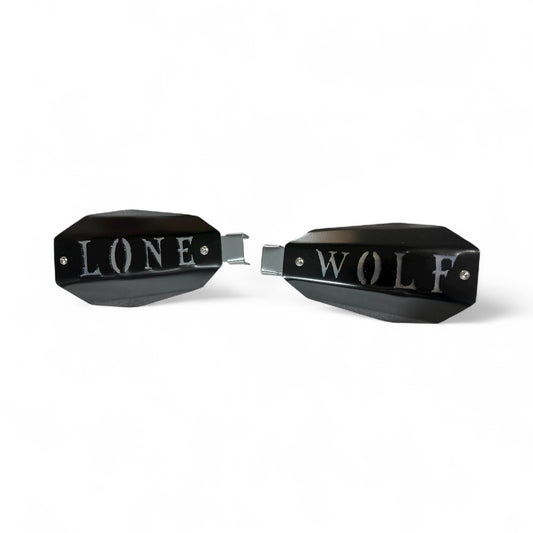 Bad ass mototcycle hand guards with the saying "Lone wolf" cut into the black powder-coated outer shell bolted to a chrome powdercoated mount.