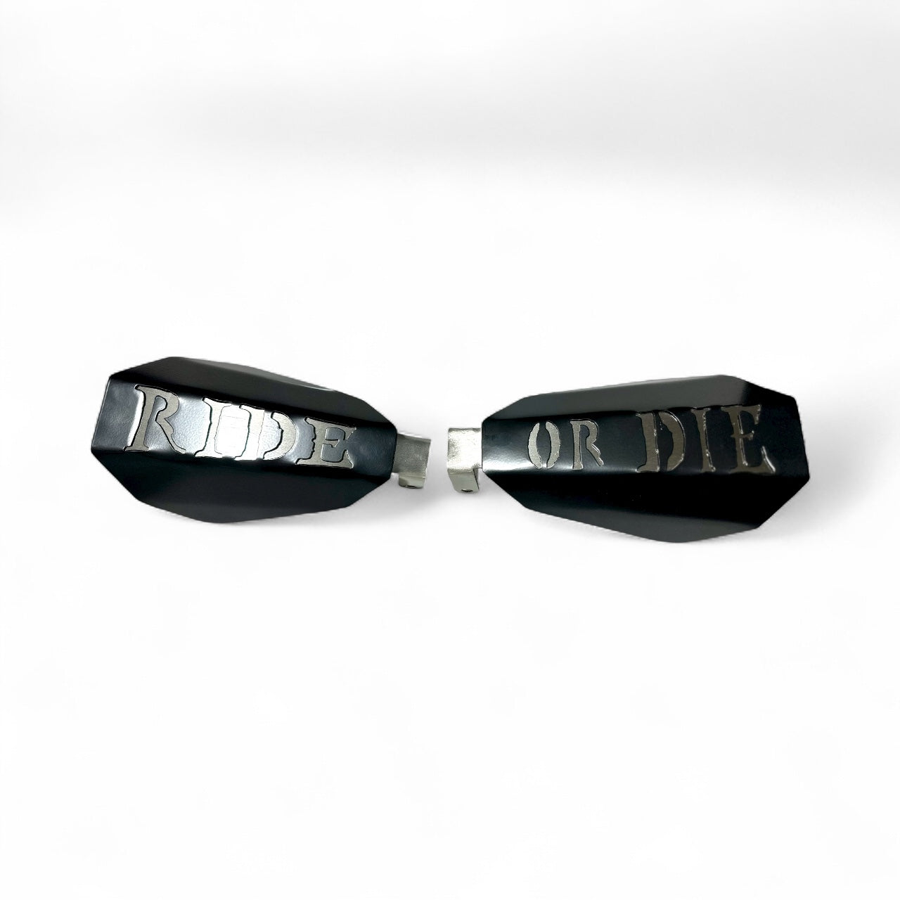 Bad ass mototcycle hand guards with the saying "Ride or Die" cut into the black powder-coated outer shell bolted to a chrome powdercoated mount.