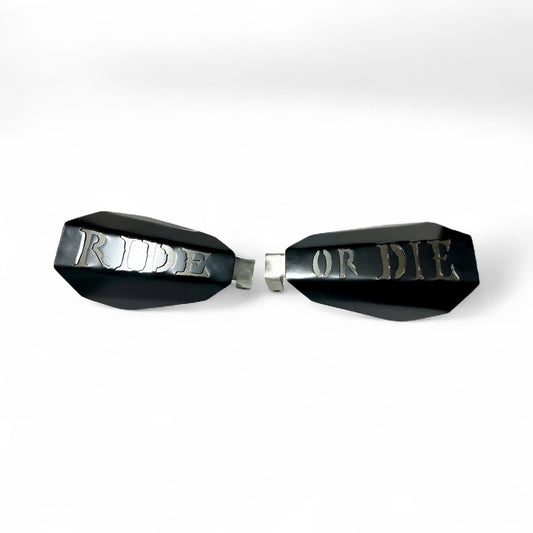 Bad ass mototcycle hand guards with the saying "Ride or Die" cut into the black powder-coated outer shell bolted to a chrome powdercoated mount.