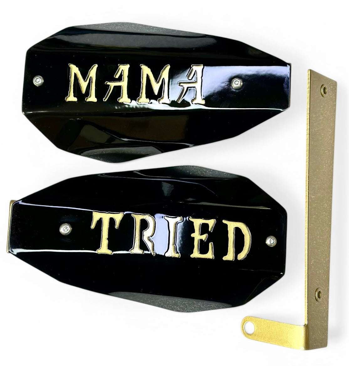 Coffin motorcycle hand guards featuring the words 'Mama Tried' for Harley Davidson riders.