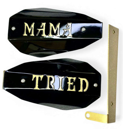 Coffin motorcycle hand guards featuring the words 'Mama Tried' for Harley Davidson riders.