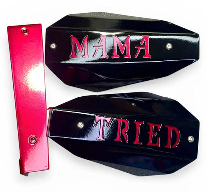 Coffin motorcycle hand guards with 'MAMA TRIED' text designed for Harley riders, showcasing custom styling and durability.