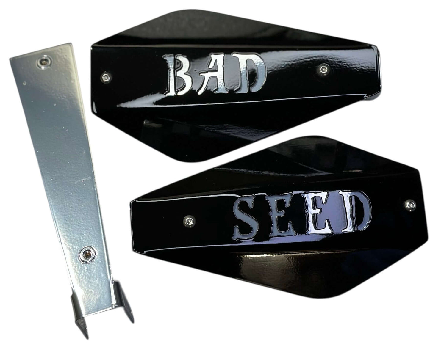 Harley Bad Seed hand guards complete set with bold 'BAD' and 'SEED' lettering for added style and protection.