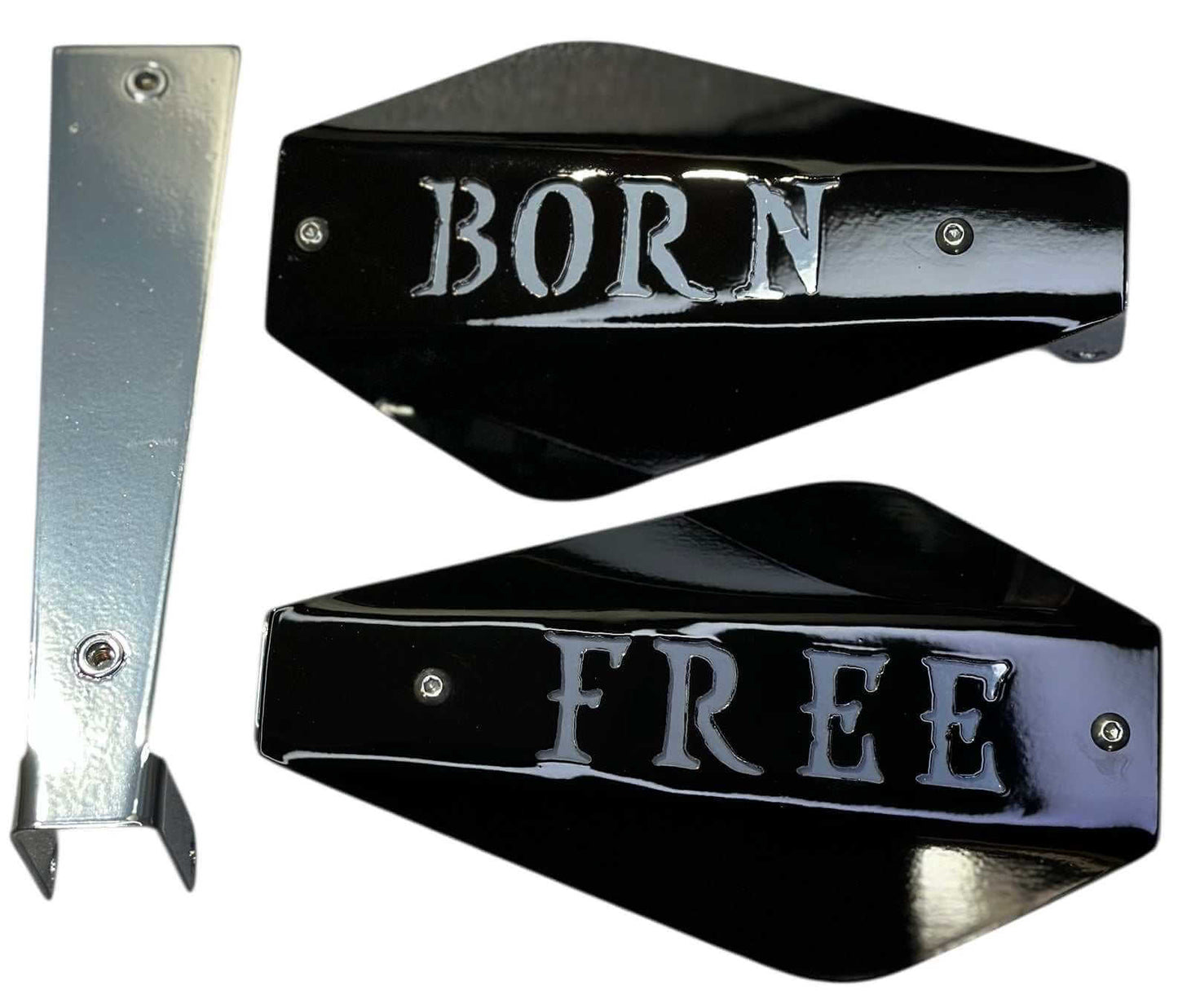 Born Free Harley hand guards set with black finish and silver mount, rugged design for 2021 and older / 2022+ models.