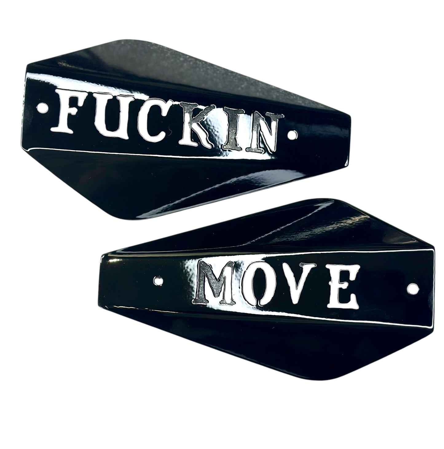 Fu**in Move" Delta Series Hand Guards for Harley-Davidson – Gloss Black Laser Cut Custom | Adrenaline Armor