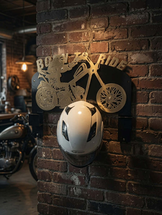 custom motorcycle helmet rack NANAGIFTREE Holder Wall Mount, Solid Wood and Metal Helmet with 4 Glove Clips, Motorcycle Accessories Gear Storage Organizer for Entryway or Garage, Brown : Automotive perfect for renters or anyone who cant drill into their walls Custom Metal Motorcycle Helmet Holder
