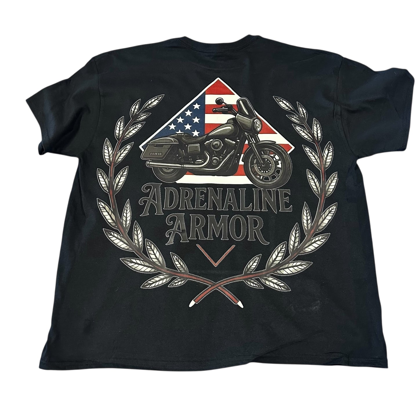 Patriotic American Flag Motorcycle T-Shirt | Adrenaline Armor Skull Biker Tee Black Gildan