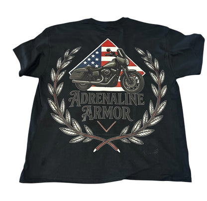 Patriotic American Flag Motorcycle T-Shirt | Adrenaline Armor Skull Biker Tee Black Gildan