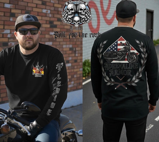 Adrenaline Armor Long Sleeve Biker Shirt - Skull & American Flag Motorcycle Design Black