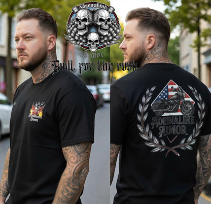 Patriotic American Flag Motorcycle T-Shirt | Adrenaline Armor Skull Biker Tee Black Gildan
