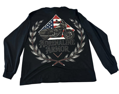 Adrenaline Armor Long Sleeve Biker Shirt - Skull & American Flag Motorcycle Design Black