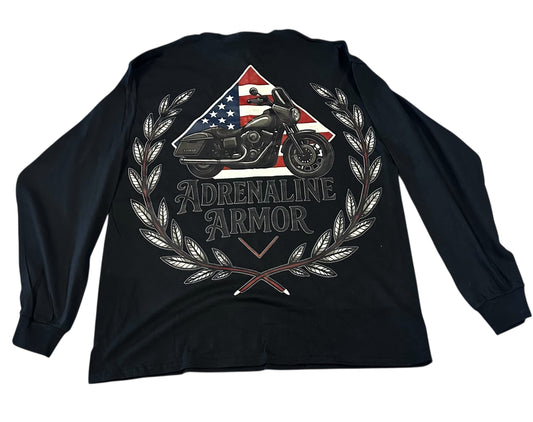 Adrenaline Armor Long Sleeve Biker Shirt - Skull & American Flag Motorcycle Design Black