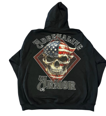 Patriotic American Flag Skull Hoodie | Adrenaline Armor Biker Pullover Black