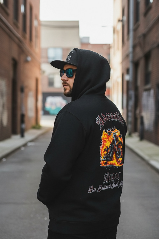 Men's Flaming Motorcycle Biker Hoodie - Adrenaline Chaos Graphic Pullover Sweatshirt - Premium Heavyweight 10oz 3-End Fleece