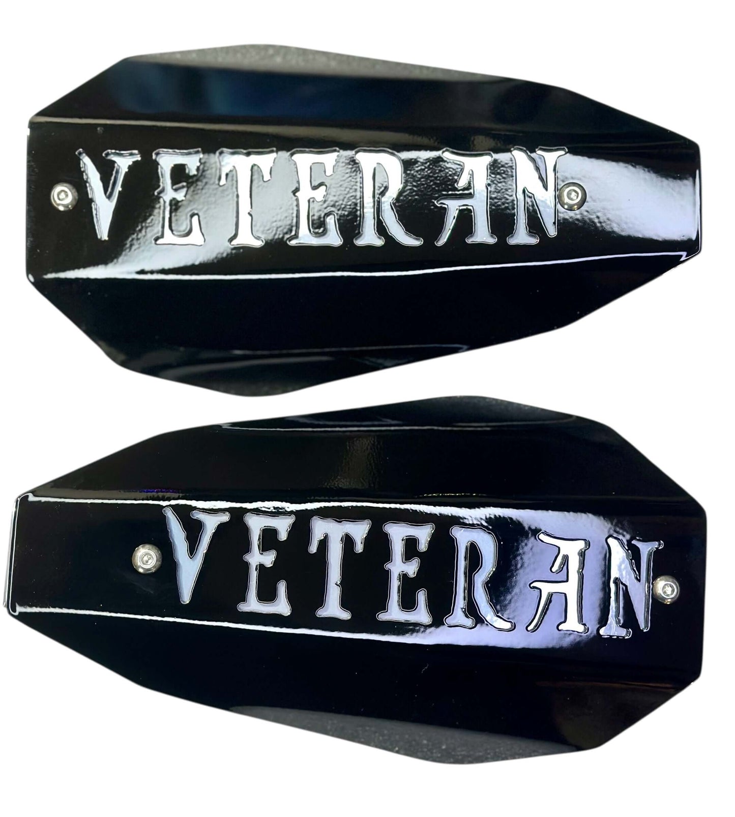 Harley coffin veteran hand guards featuring stylish black design with 'VETERAN' cutout for added protection.