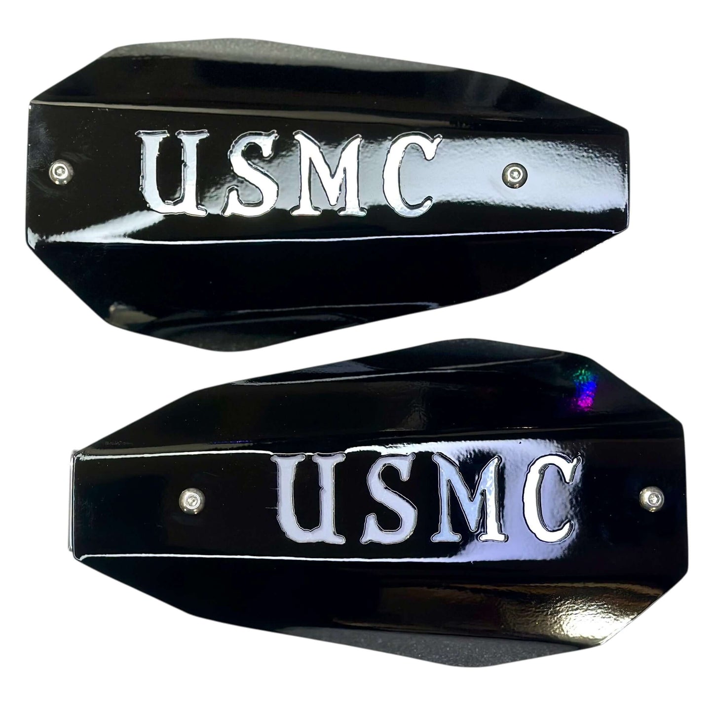 USMC hand guards for Harley - black coffin-style knuckle guards with USMC cutout - made in USA