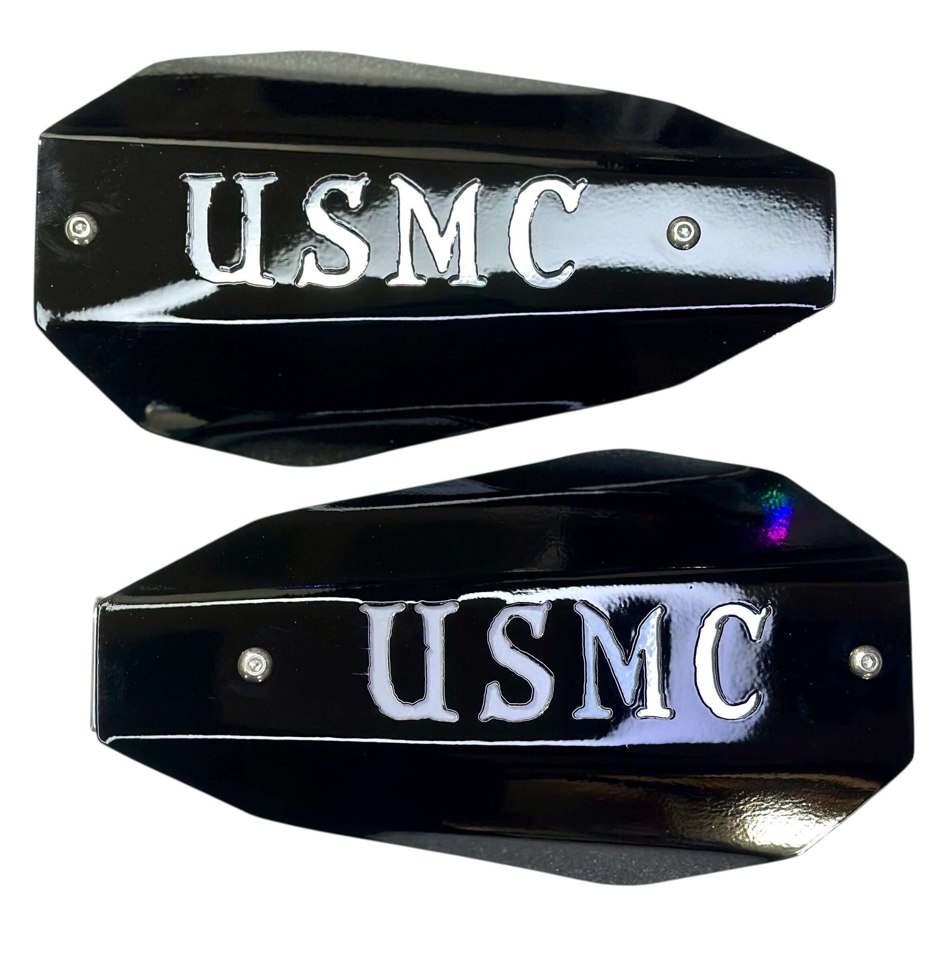 USMC hand guards for Harley - black coffin-style knuckle guards with USMC cutout - made in USA