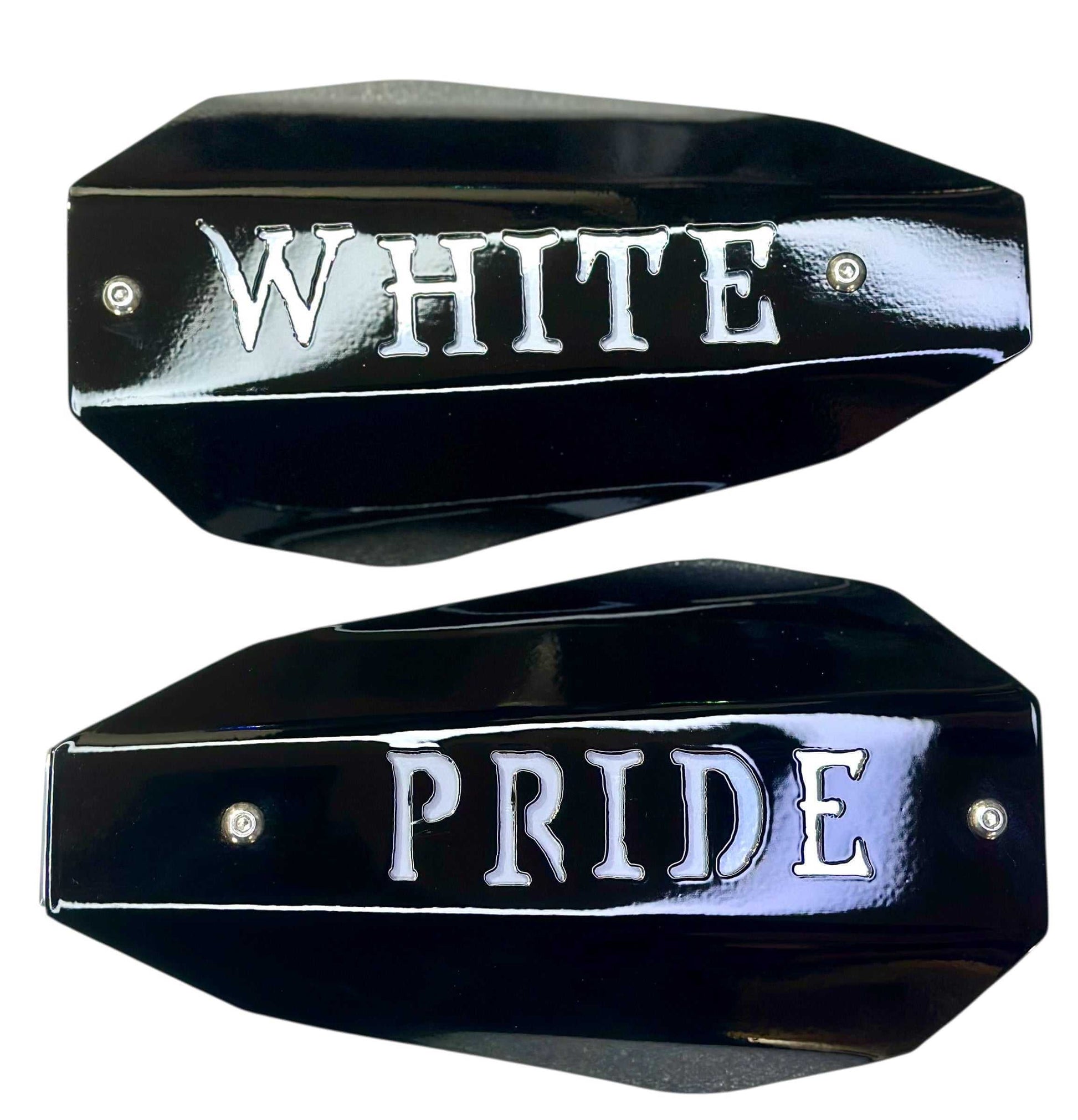 Harley mirror mount hand guards featuring 'WHITE PRIDE' cutout design for bold protection.