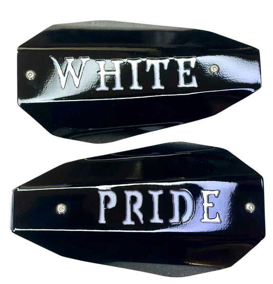 Harley mirror mount hand guards featuring 'WHITE PRIDE' cutout design for bold protection.