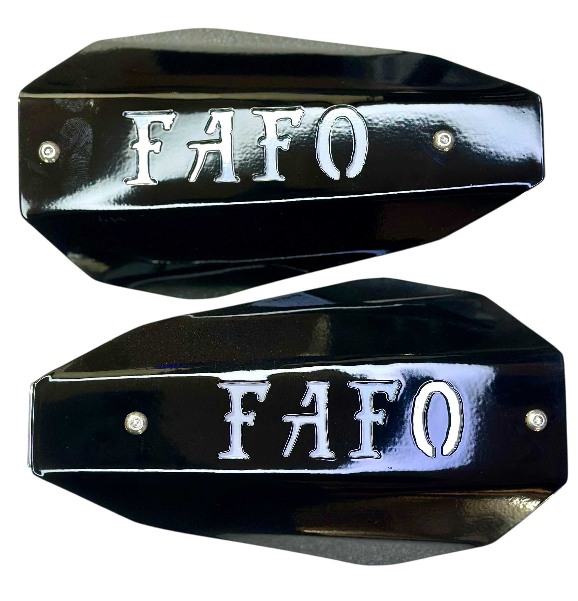 Harley mirror mount hand guards featuring bold FAFO cutout for premium protection during rides.