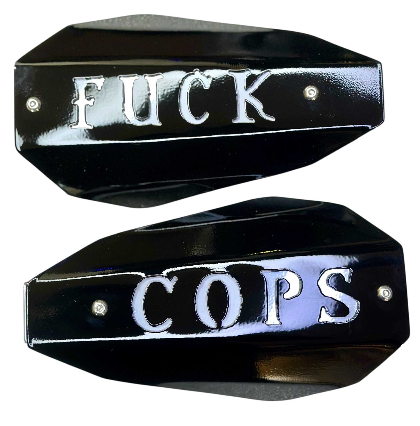 Coffin F**k Cops Hand Guards Complete Set - Harley Mirror Mount Knuckle Guards - F**k Cops Design - Fits 2021 & Older / 2022+ - 10 Powder Coat Colors - Adrenaline Armor Made in USA.