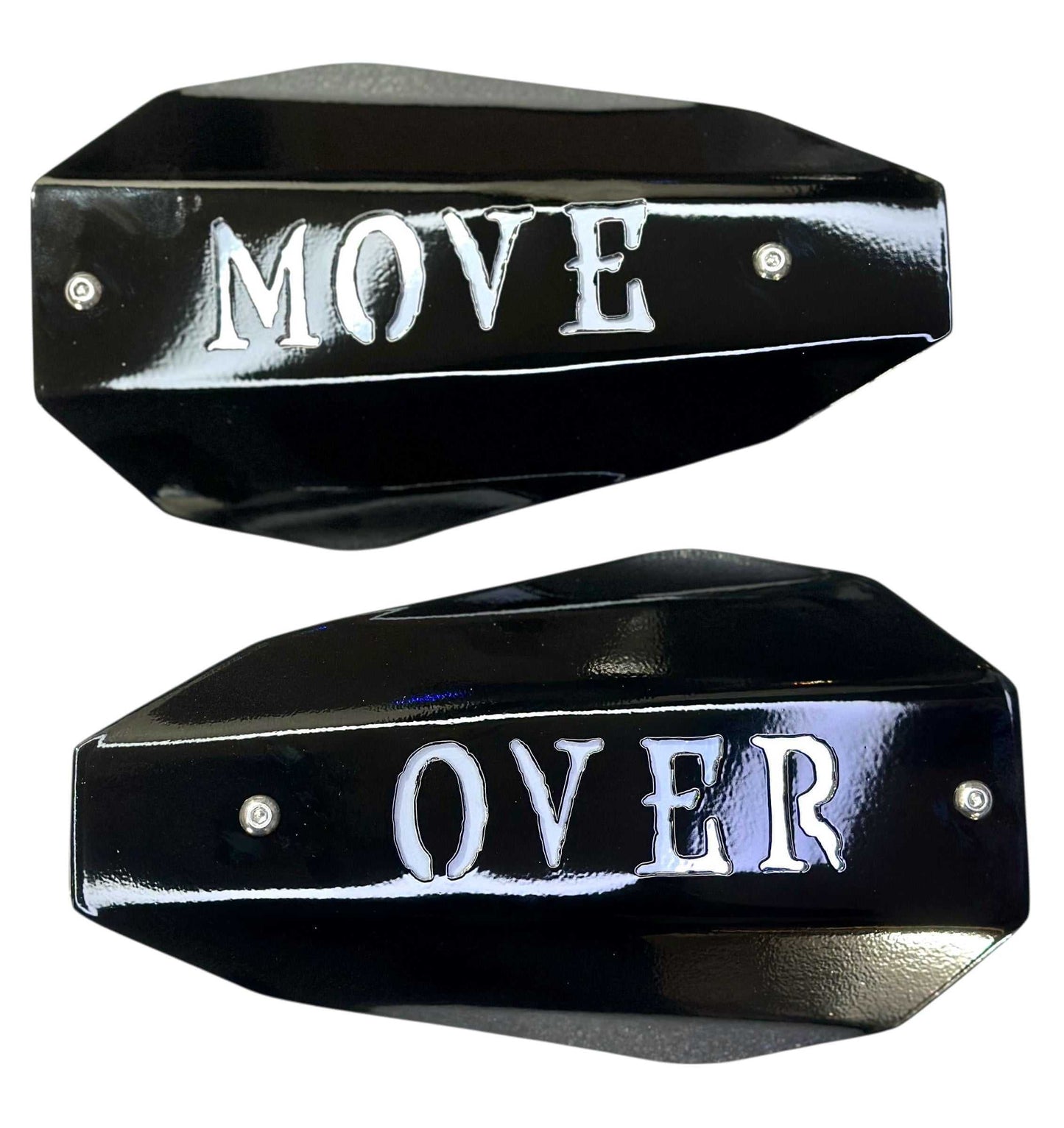 Coffin Move Over Hand Guards Complete Set - Harley Mirror Mount Knuckle Guards - Move Over Design - Fits 2021 & Older / 2022+ - 10 Powder Coat Colors - Adrenaline Armor Made in USA