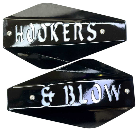 Harley hookers and blow hand guards showcasing aggressive design with cutout text for motorcycles.