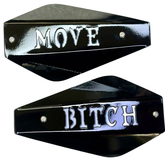 Delta Move Bitch Hand Guards showcasing 'MOVE' and 'BITCH' cutouts, perfect for bold riders.