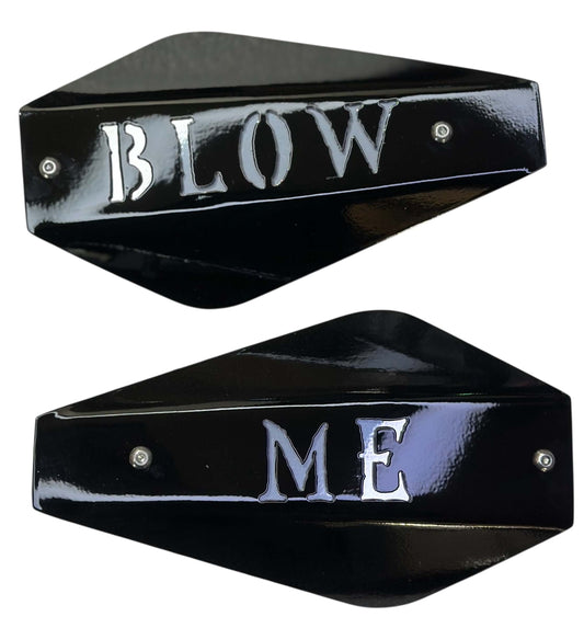 Harley Delta Blow Me hand guards showcasing bold 'BLOW' and 'ME' cutouts in glossy black finish.