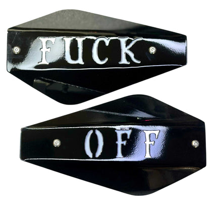 Delta Fuck Off Hand Guards for Harley - bold black hand guards with striking lettering for motorcycle riders.
