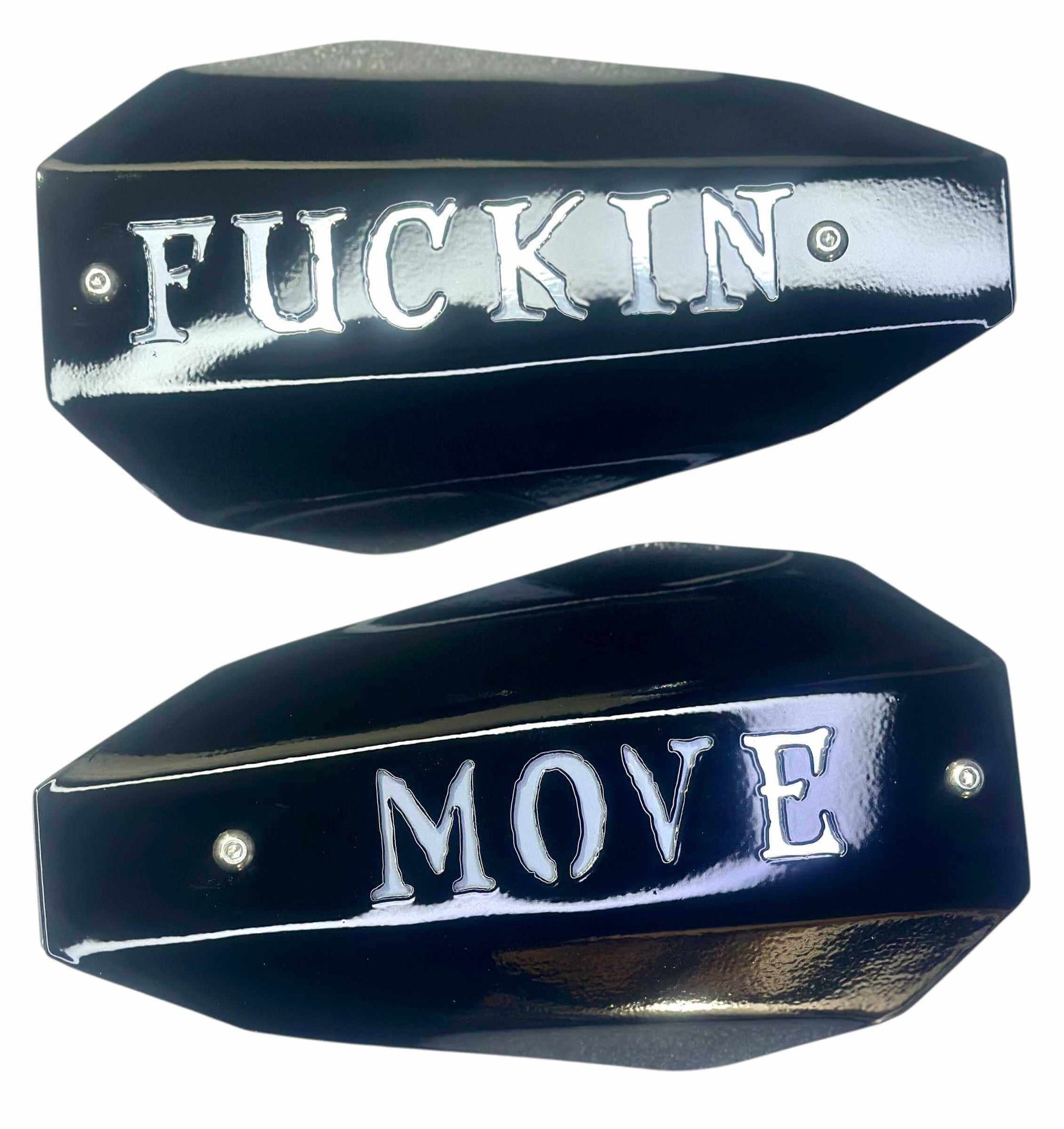 Coffin Move knuckle guards set featuring bold 'FUCKIN MOVE' design, handcrafted in the USA.