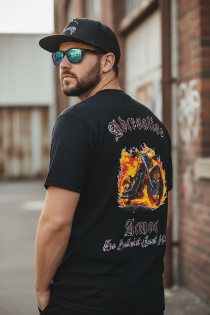 Men's Flaming Motorcycle Biker T-Shirt - Adrenaline Chaos Graphic Tee - Premium Heavyweight Open-End Cotton