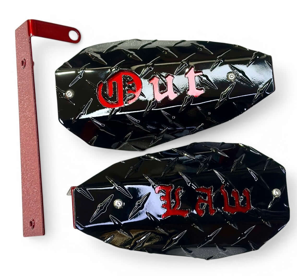 Custom motorcycle hand guards featuring diamond plate design with red lettering, designed for style and protection on the road.