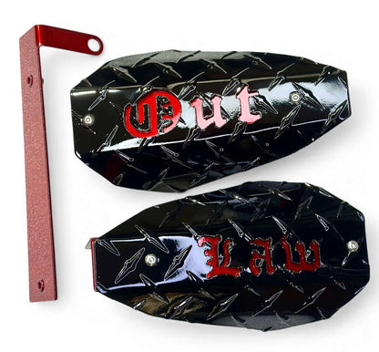 Custom motorcycle hand guards featuring diamond plate design with red lettering, designed for style and protection on the road.